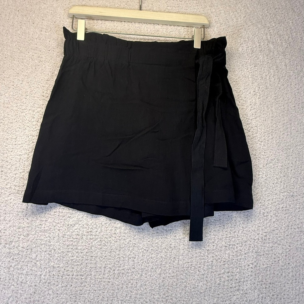 JJ Boutique Wrap Skort 100% Linen Paper Bag Waist Casual Black‎ Shorts Size L